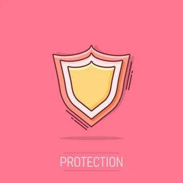 Vector cartoon shield protection icon in comic style. Protect sign illustra.. Stock Illustration