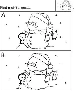 Vector cartoon snowman find difference education activity book Stock Illustration