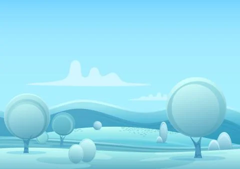 Vector Cartoon snowy winter game style landscape with trees and snow mountains Stock Illustration