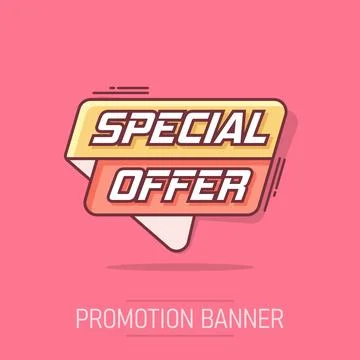 Vector cartoon special offer banner icon in comic style. Badge shopping ill.. Illustrazione stock