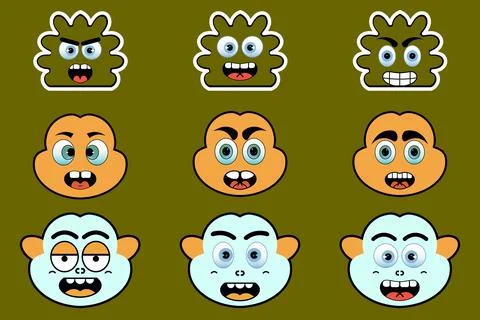 Vector cartoon sticker on character faces, abstract mascot funny sticker Stock Illustration