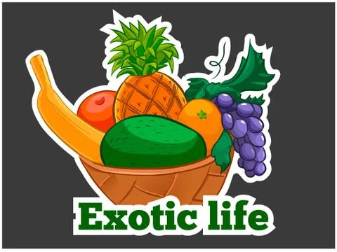Vector cartoon sticker - fruit basket - exotic life Stock Illustration