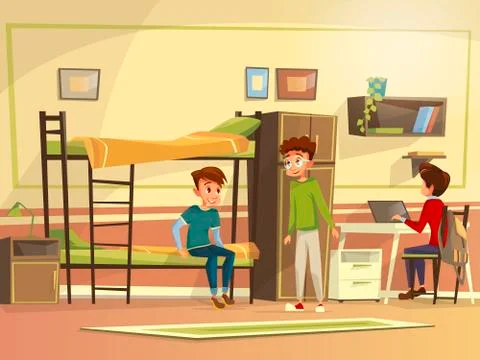 Vector cartoon students group in dormitory room Stock Illustration