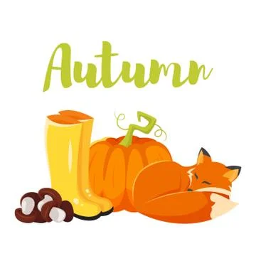 Vector cartoon style autumn background with fox, pumpkin and yellow boots. Illustrazione stock