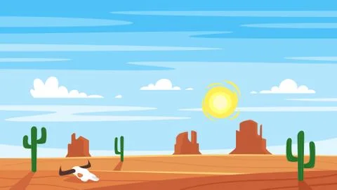 Vector cartoon style background with hot west desert Stock Illustration