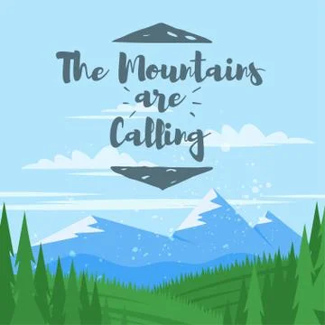 Vector cartoon style background with mountains and forest Stock Illustration