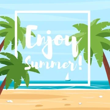 Vector cartoon style illustration of beach with palm trees. Stock Illustration