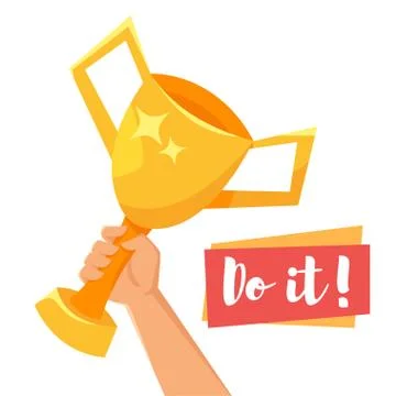 Vector cartoon style illustration of hand holding golden winner cup Stock Illustration