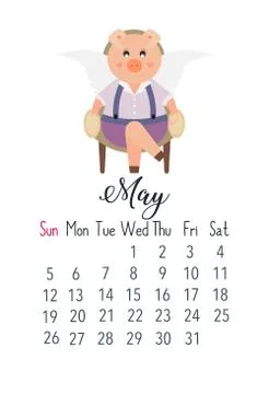 Vector cartoon style illustration of May 2019 year cute calendar page with pi Stock Illustration