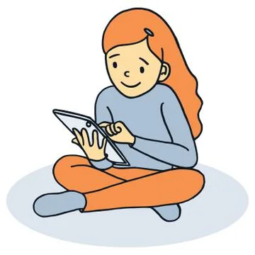 Vector cartoon style illustration of a young girl using a tablet computer Stock Illustration