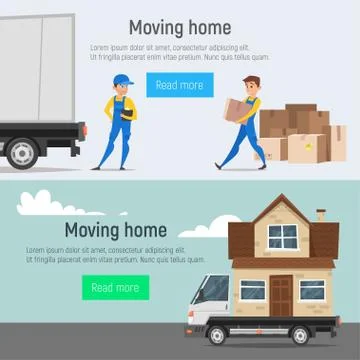 Vector cartoon style moving home banners of loaders movers man Stock Illustration