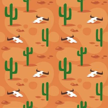 Vector cartoon style seamless pattern with desert surface with cactu Stock Illustration
