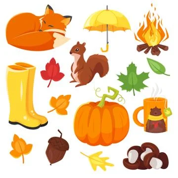 Vector cartoon style set of autumn symbols: fox, pumpkin, yellow Stock Illustration