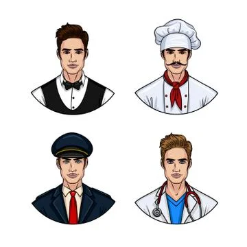 Vector cartoon style set of handsome young man wearing uniform. Cartoon style Stock Illustration