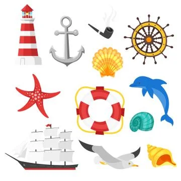 Vector cartoon style set of sea objects. Icon for web Stock Illustration