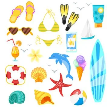 Vector cartoon style set of summer objects. Stock Illustration