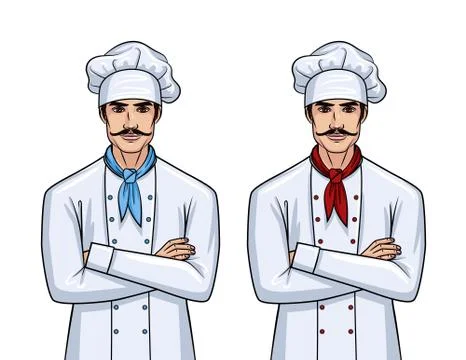 Vector cartoon style set of a two handsome young men in cook uniform. Chef wi Stock Illustration