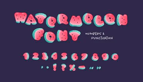 Vector cartoon summer fruit font. Number and punctuation Stock Illustration