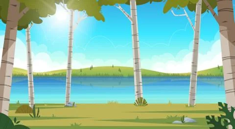 Vector cartoon summer landscape with forest and river. Stock Illustration