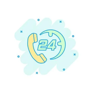 Vector cartoon technical support 24/7 icon in comic style. Phone clock help c Ilustración de archivo