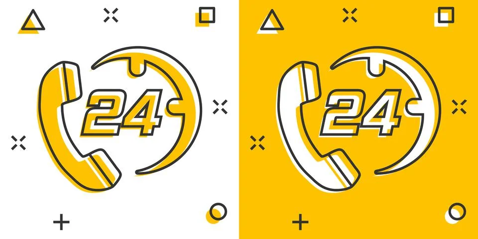 Vector cartoon technical support 24/7 icon in comic style. Phone clock help c Stockillustratie