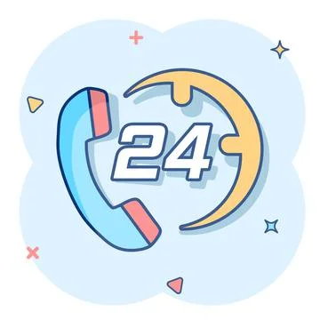 Vector cartoon technical support 24/7 icon in comic style. Phone clock help c Stock Illustration