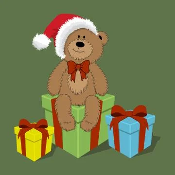 Vector cartoon teddy bear in Santa cap with gift boxes Stock Illustration
