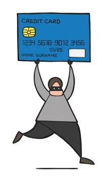 Vector cartoon thief hacker man with face masked running and carrying credit  イラスト素材