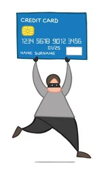 Vector cartoon thief hacker man with face masked running and carrying credit  Stock Illustration