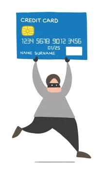 Vector cartoon thief hacker man with face masked running and carrying credit  Illustrazione stock