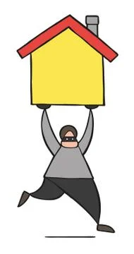 Vector cartoon thief man with face masked running and carrying house Illustrazione stock