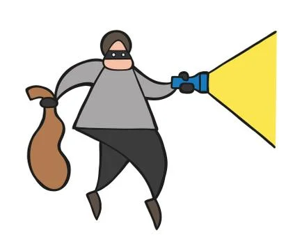 Vector cartoon thief man with face masked walking and holding flashlight and  Ilustración de archivo