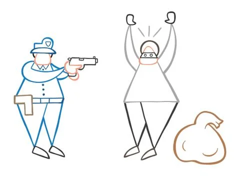 Vector cartoon thief man with face masked was caught by police Stock-Illustration