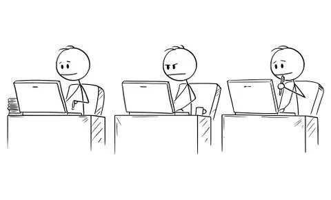 Vector Cartoon of Three Businessmen Working or Typing on Computers in Office Stock Illustration