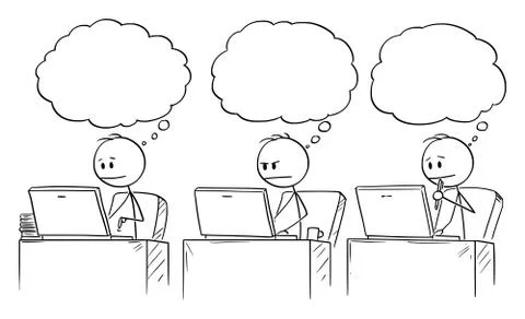 Vector Cartoon of Three Businessmen Working or Typing on Computers in Office and Stock Illustration