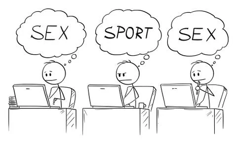 Vector Cartoon of Three Businessmen Working or Typing on Computers in Office and Stock Illustration
