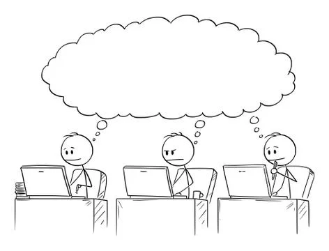 Vector Cartoon of Three Businessmen Working on Computers and Thinking About Some 스톡 일러스트