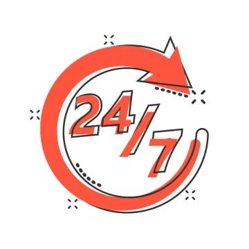 Vector cartoon twenty four hour clock icon in comic style. 24/7 service time  Ilustración de archivo