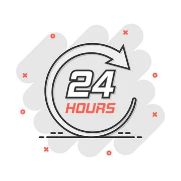 Vector cartoon twenty four hour clock icon in comic style. 24/7 service time  Ilustración de archivo