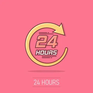 Vector cartoon twenty four hour clock icon in comic style. 24/7 service tim.. Stockillustratie