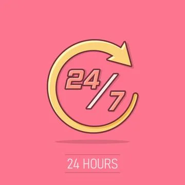 Vector cartoon twenty four hour clock icon in comic style. 24/7 service tim.. Stock Illustration