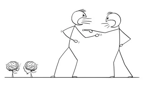 Vector Cartoon of Two Angry Men Arguing or Fighting, Their Brains Taking a Break Stock Illustration