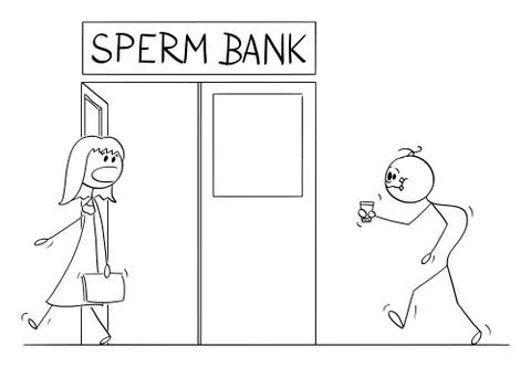 Vector Cartoon of Ugly Deformed Man Walking with Cup in to Sperm Bank, Woman is Ilustración de archivo