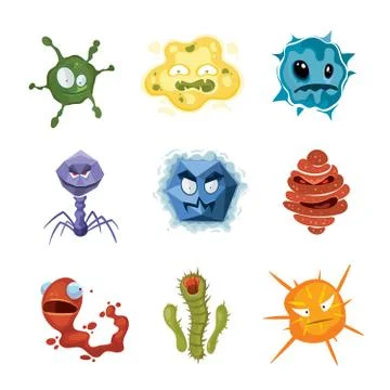 Vector cartoon ugly viruses characters, monster flu microbes set Stock Illustration