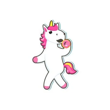 Vector cartoon unicorn character eats donut Stock Illustration