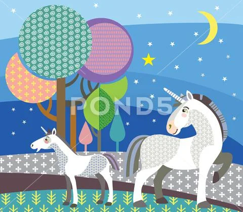 Vector cartoon unicorns in night ~ Clip Art #127657255