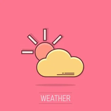 Vector cartoon weather forecast icon in comic style. Sun with clouds concep.. Stock Illustration