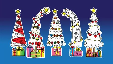 Vector cartoon white Christmas tree background set Stock Illustration