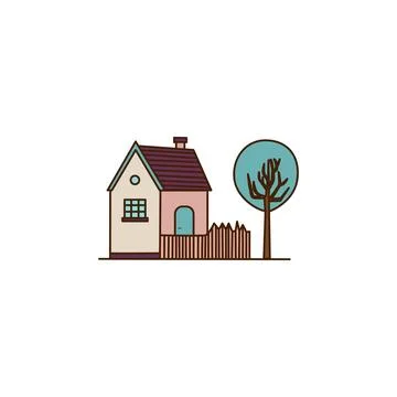 Vector cartoon white house facade icon. Vector house with a yard and a fence Stock Illustration