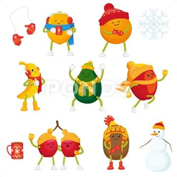 Vector cartoon winter fruit characters symbols set Stock Illustration